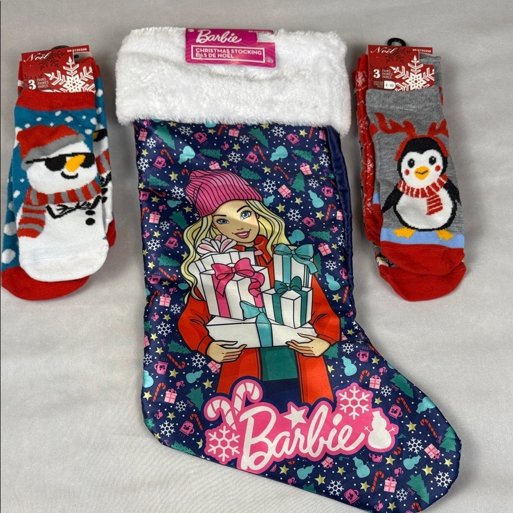 Barbie Festive Satin Stocking with Plush Trim and 2 Pair of Holiday Socks